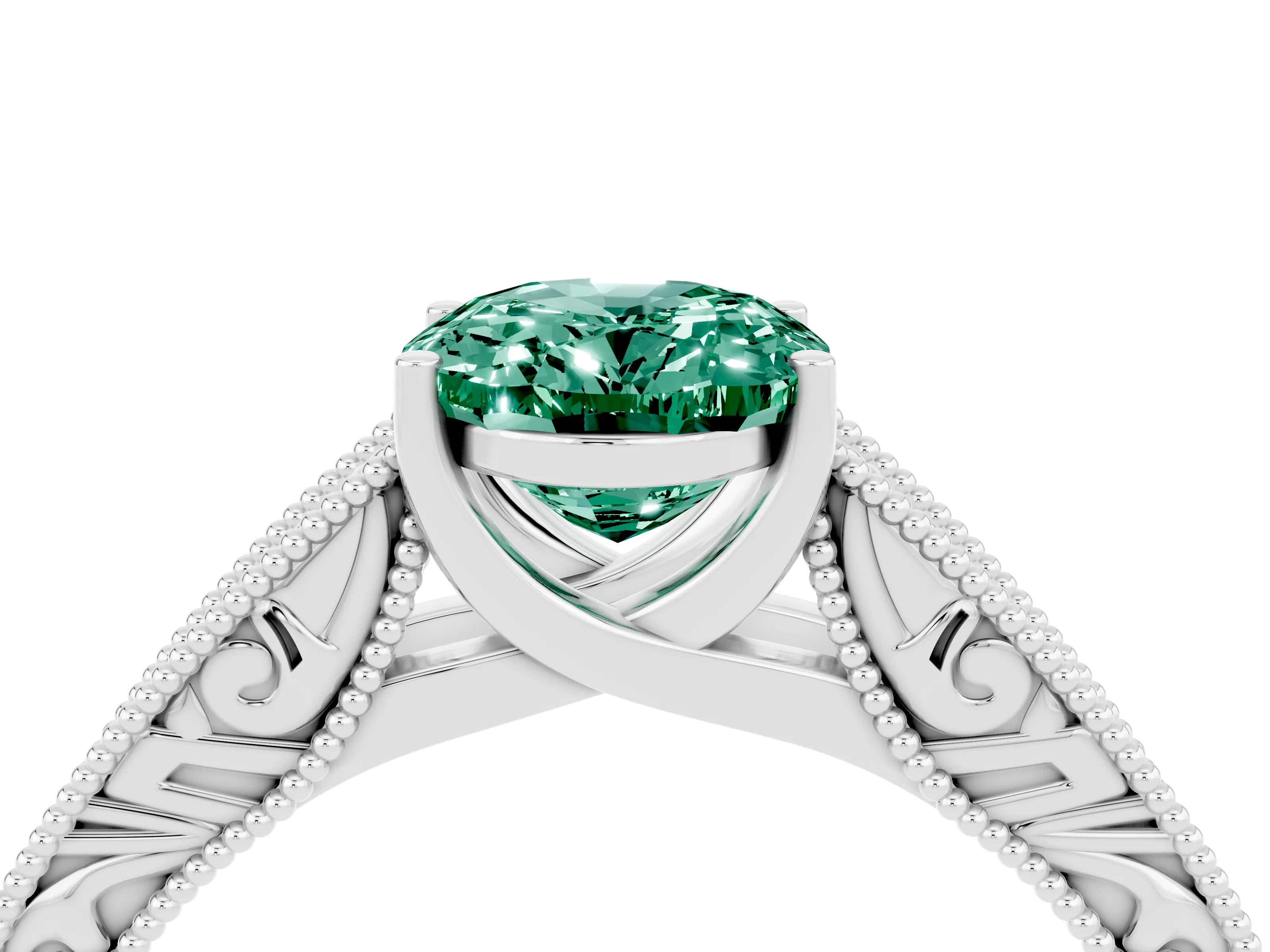 White gold Oval Cut Green Sapphire Solitaire Ring with Engraved Band and Four-Prong Setting_4