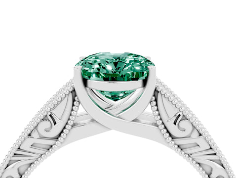 White gold Oval Cut Green Sapphire Solitaire Ring with Engraved Band and Four-Prong Setting_4