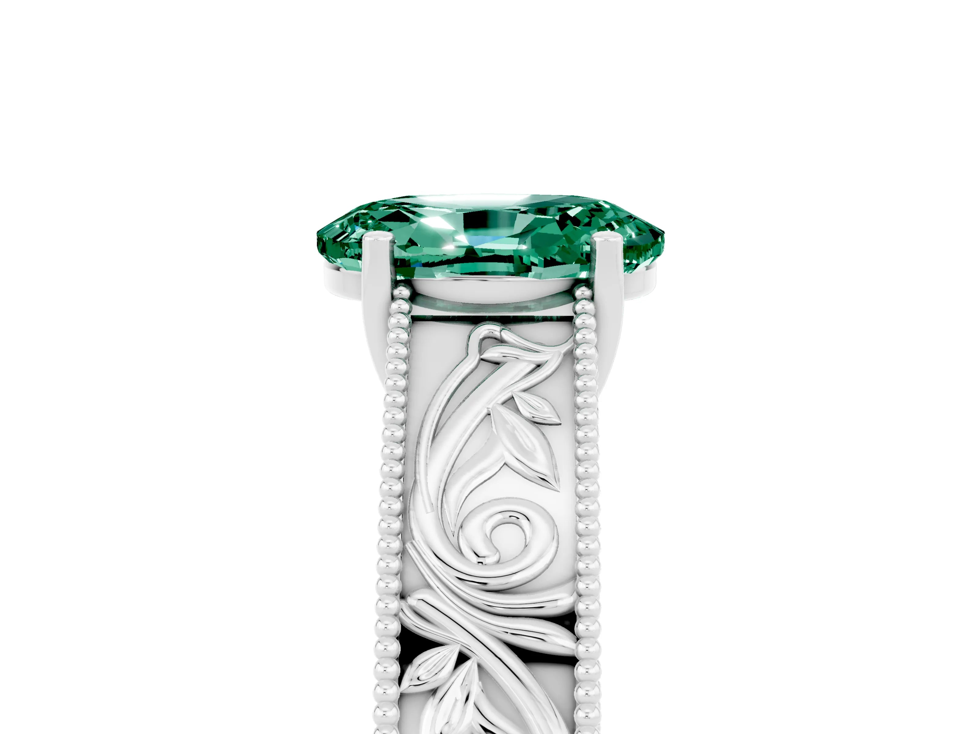 White gold Oval Cut Green Sapphire Solitaire Ring with Engraved Band and Four-Prong Setting_5