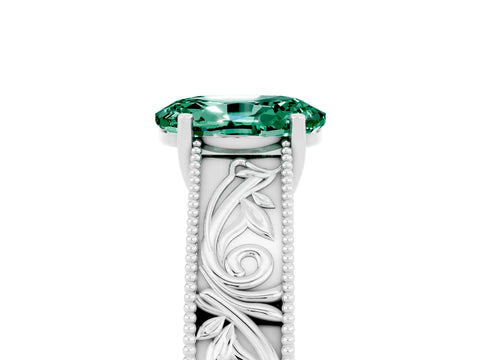 White gold Oval Cut Green Sapphire Solitaire Ring with Engraved Band and Four-Prong Setting_5