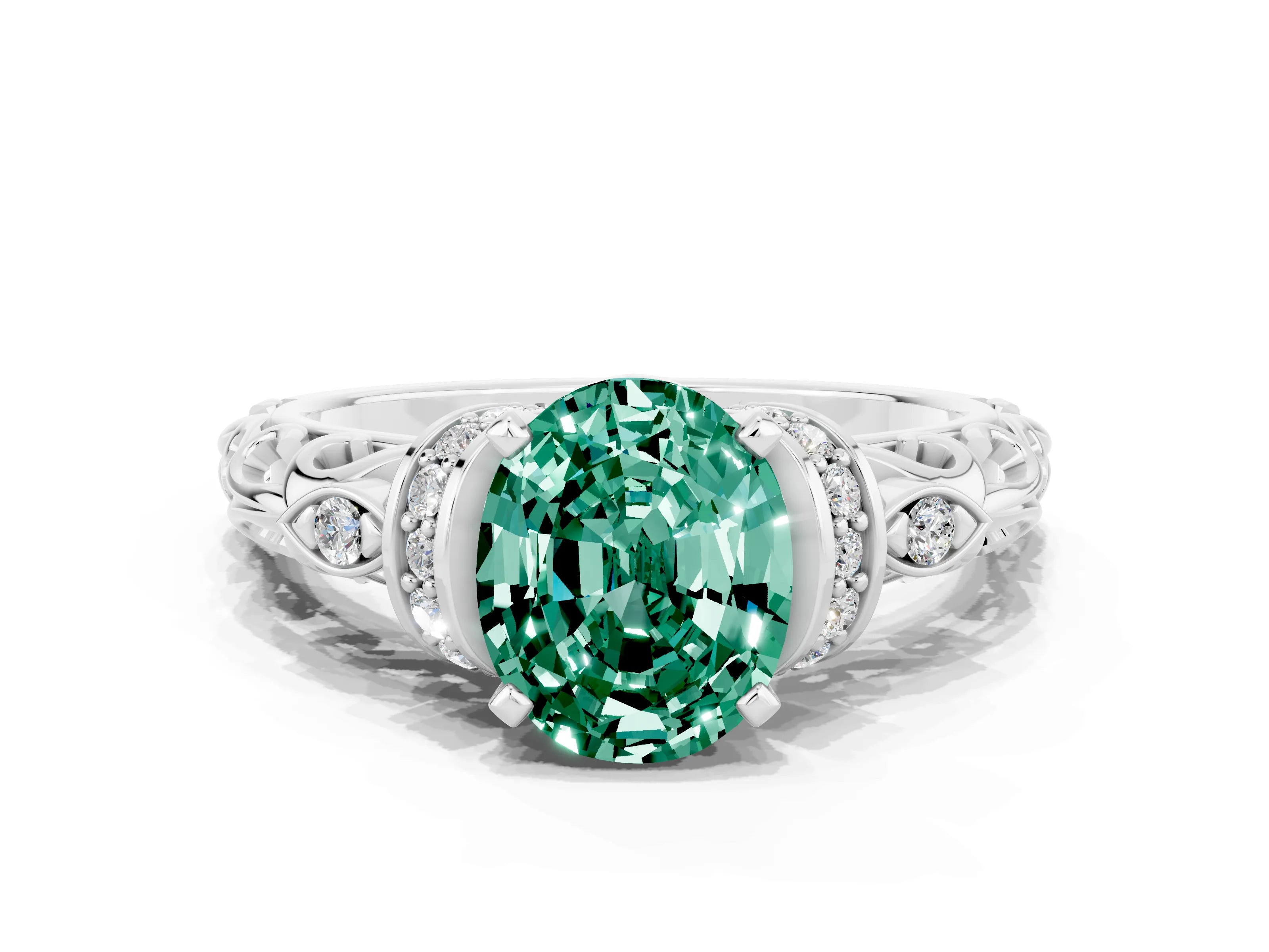 White gold Oval Cut Green Sapphire Solitaire Ring with Filigree Band and Four-Prong Setting_24