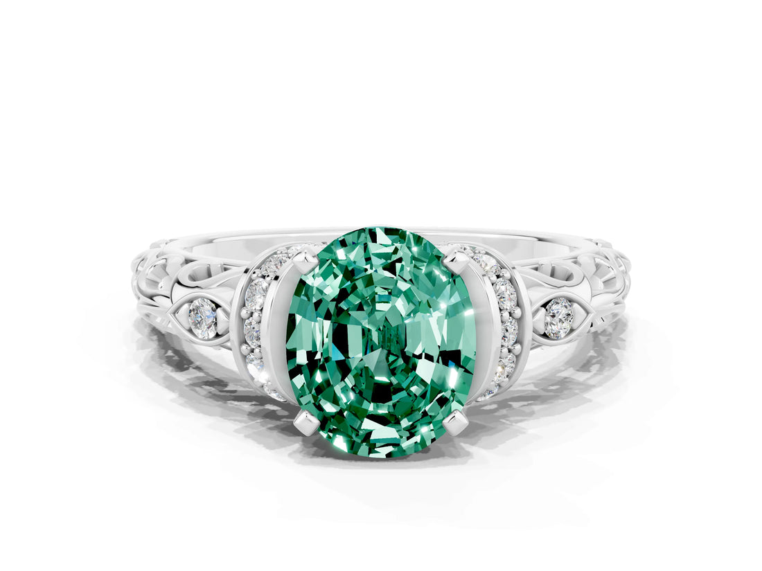 White gold Oval Cut Green Sapphire Solitaire Ring with Filigree Band and Four-Prong Setting_24