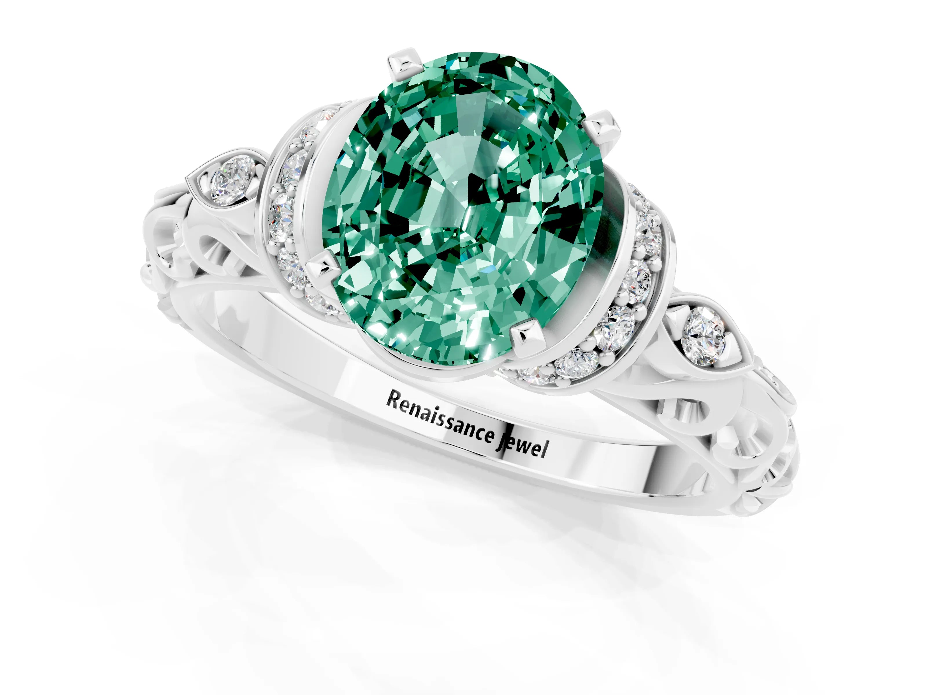 White gold Oval Cut Green Sapphire Solitaire Ring with Filigree Band and Four-Prong Setting_25