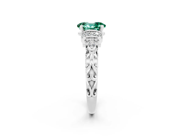 White gold Oval Cut Green Sapphire Solitaire Ring with Filigree Band and Four-Prong Setting