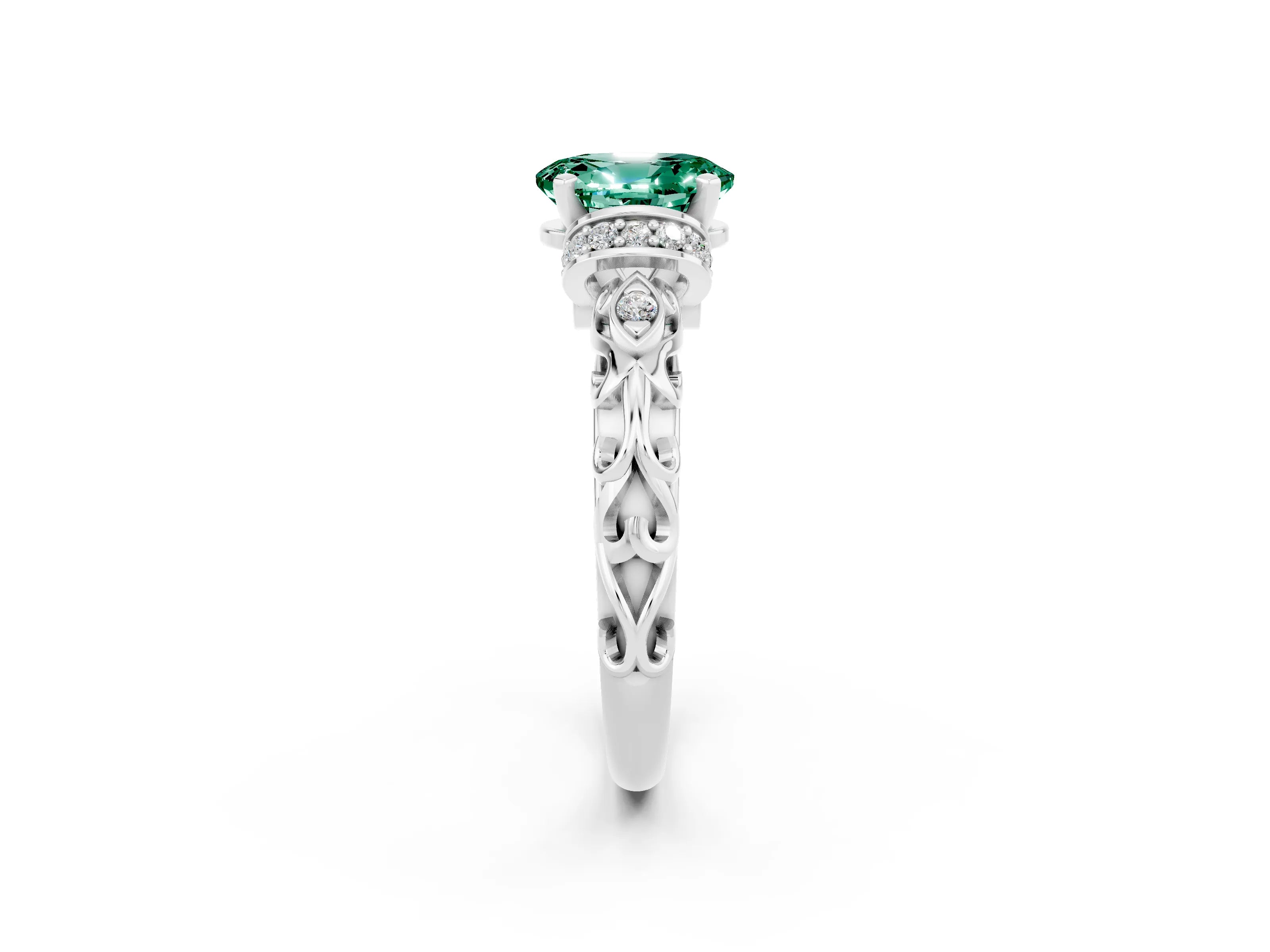 White gold Oval Cut Green Sapphire Solitaire Ring with Filigree Band and Four-Prong Setting_26