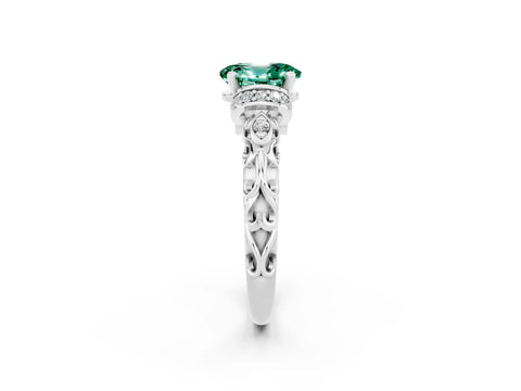 White gold Oval Cut Green Sapphire Solitaire Ring with Filigree Band and Four-Prong Setting_26