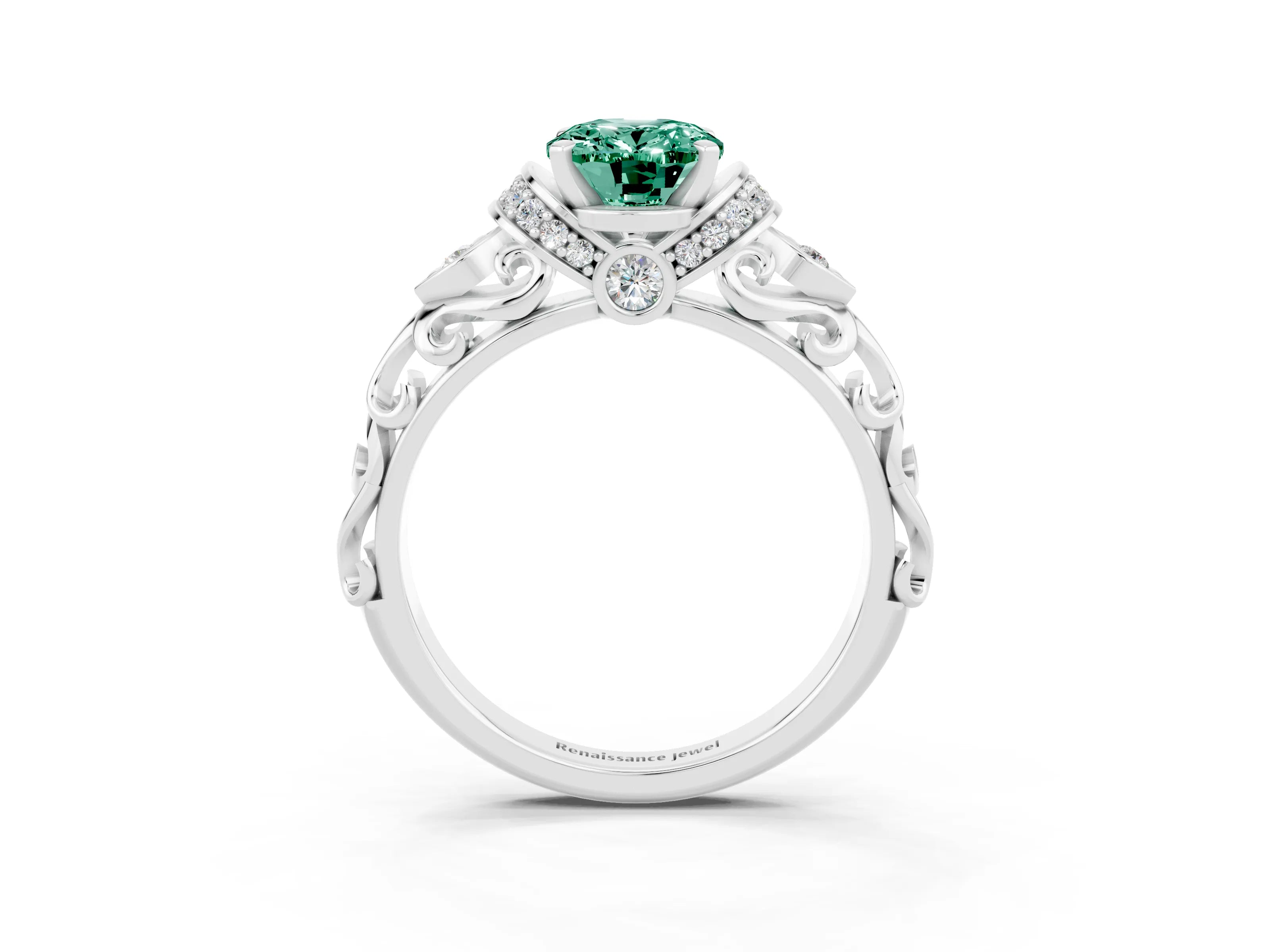 White gold Oval Cut Green Sapphire Solitaire Ring with Filigree Band and Four-Prong Setting_27