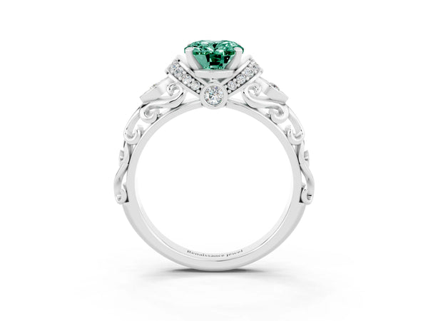 White gold Oval Cut Green Sapphire Solitaire Ring with Filigree Band and Four-Prong Setting