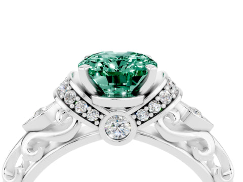 White gold Oval Cut Green Sapphire Solitaire Ring with Filigree Band and Four-Prong Setting_28