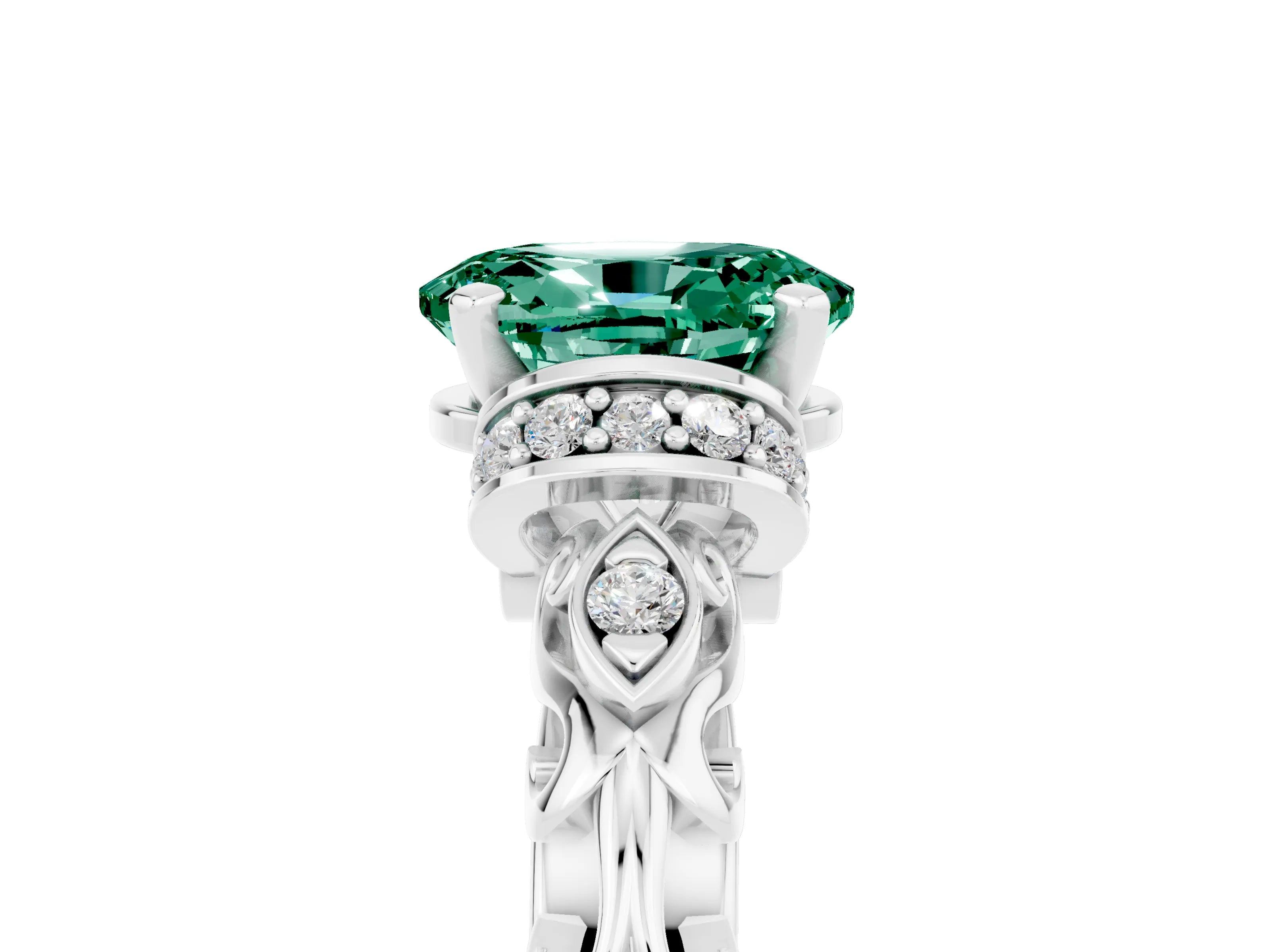 White gold Oval Cut Green Sapphire Solitaire Ring with Filigree Band and Four-Prong Setting_29