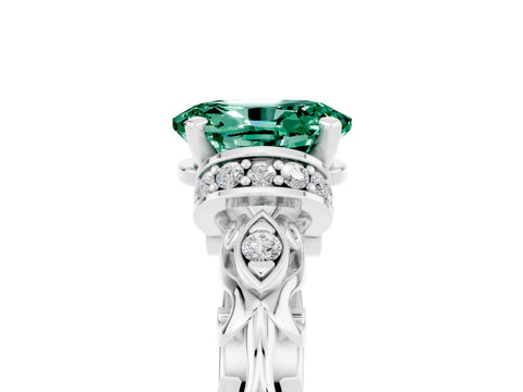 White gold Oval Cut Green Sapphire Solitaire Ring with Filigree Band and Four-Prong Setting_29