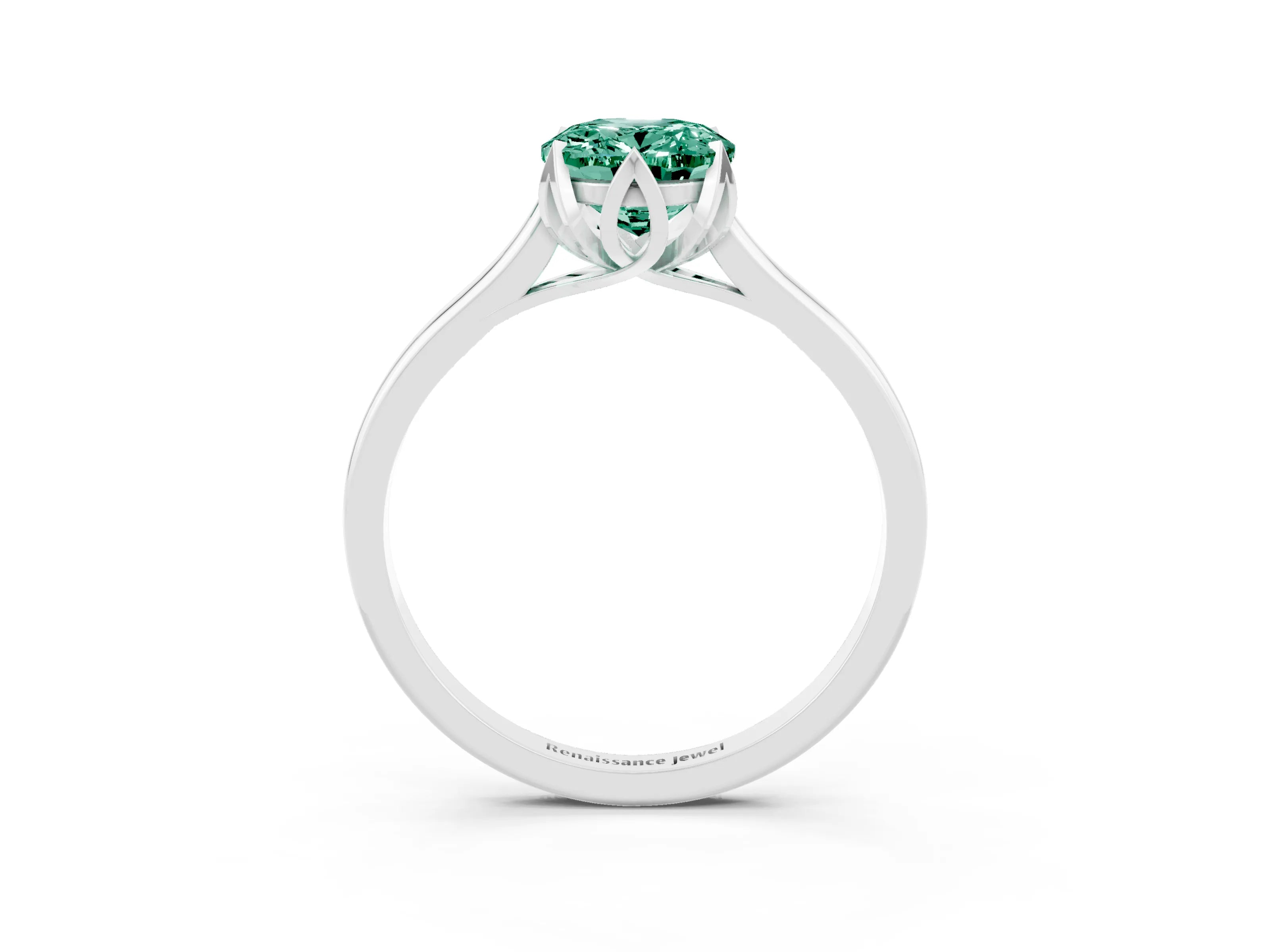 White gold Oval Cut Green Sapphire Solitaire Ring with Flower Prong Setting and Classic Band_15