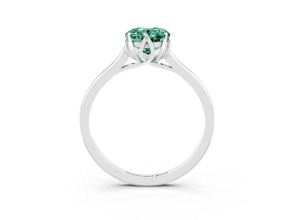 White gold Oval Cut Green Sapphire Solitaire Ring with Flower Prong Setting and Classic Band
