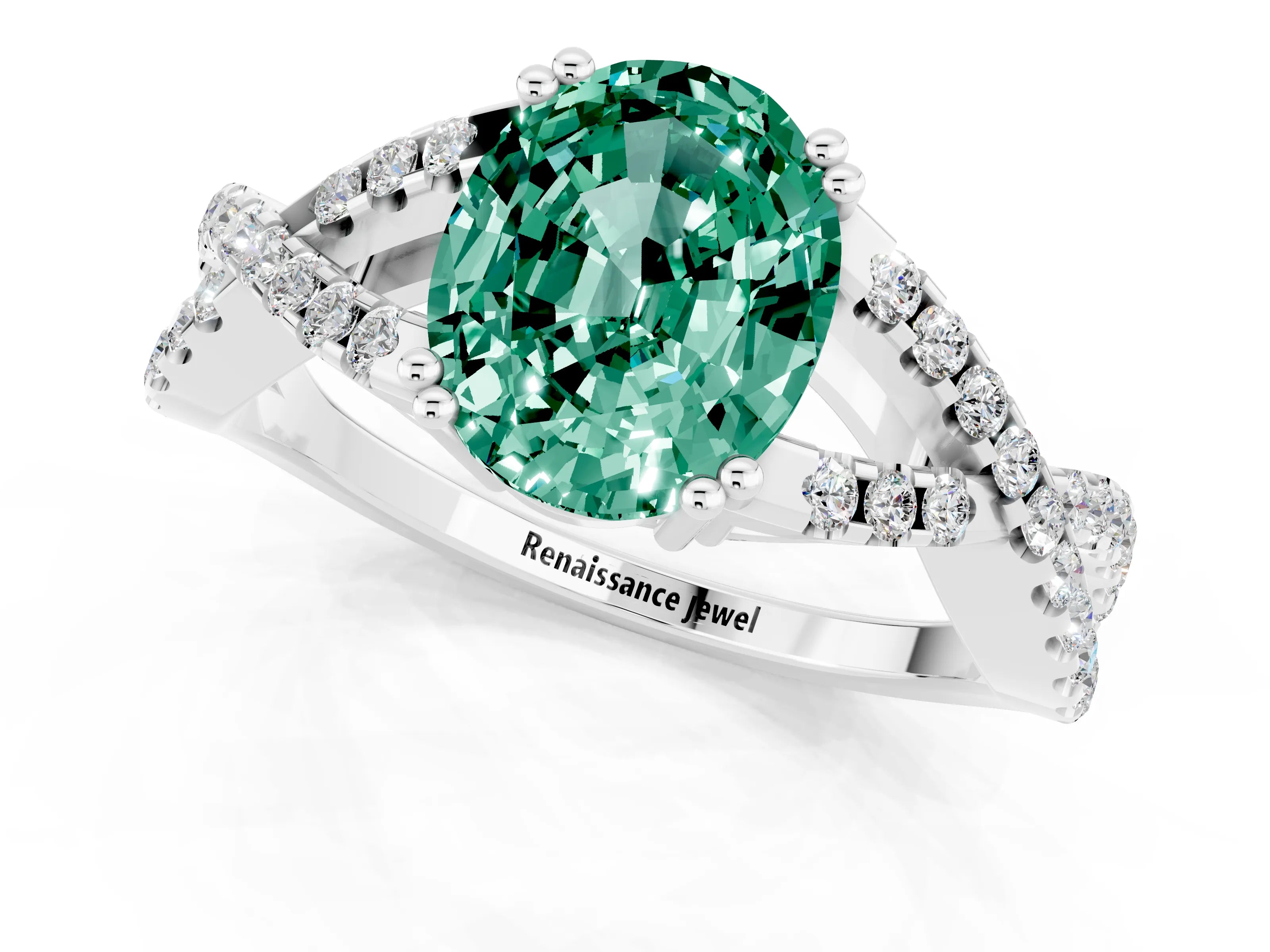 White gold Oval Cut Green Sapphire Solitaire Ring with Four-Prong Setting and Twisted Pavé Band_1