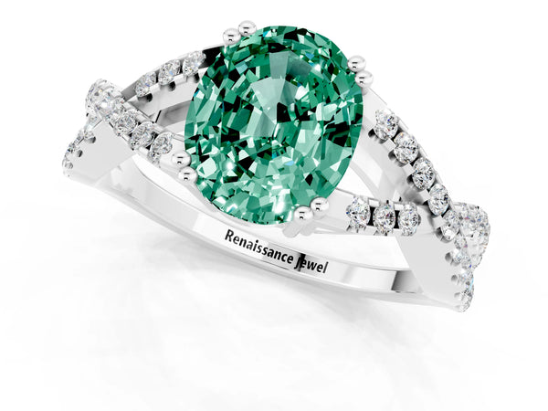 Platinum Oval Cut Green Sapphire Solitaire Ring with Four-Prong Setting and Twisted Pavé Band