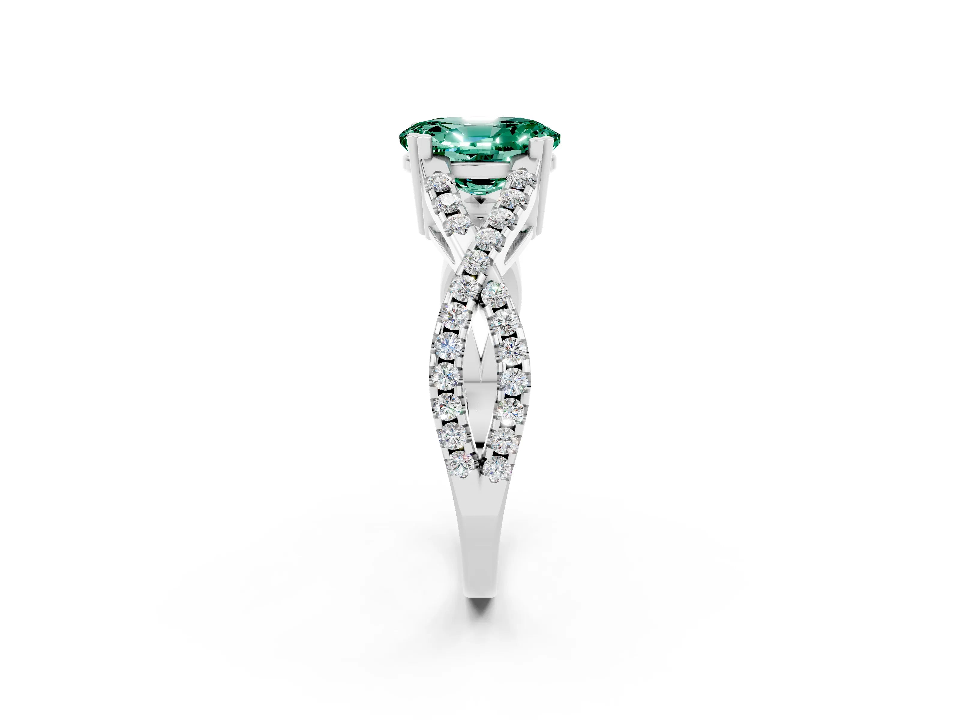 White gold Oval Cut Green Sapphire Solitaire Ring with Four-Prong Setting and Twisted Pavé Band_2