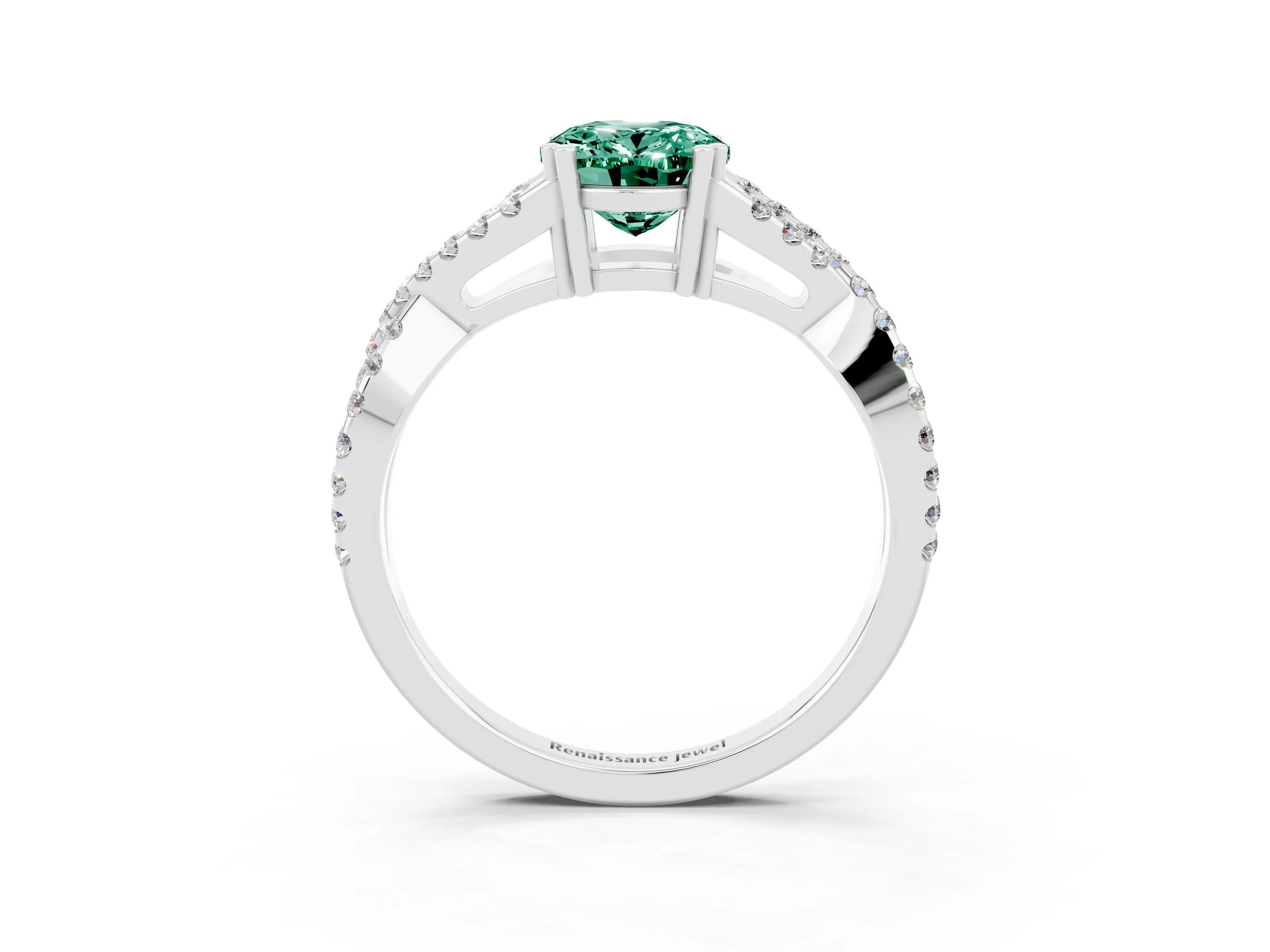 White gold Oval Cut Green Sapphire Solitaire Ring with Four-Prong Setting and Twisted Pavé Band_3