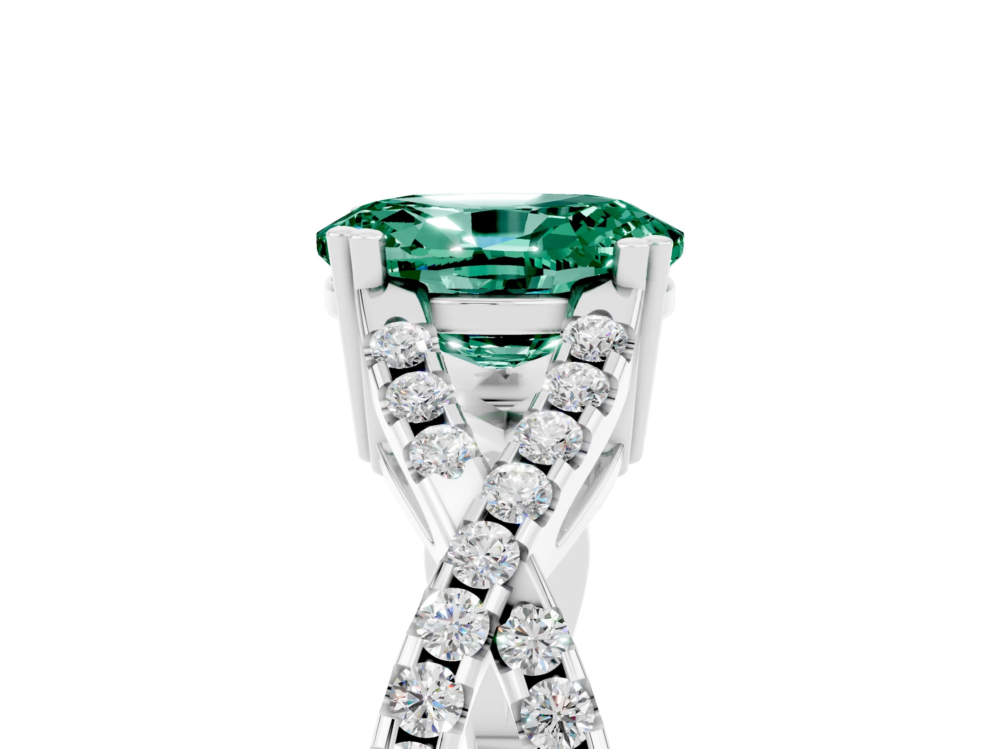 White gold Oval Cut Green Sapphire Solitaire Ring with Four-Prong Setting and Twisted Pavé Band_5