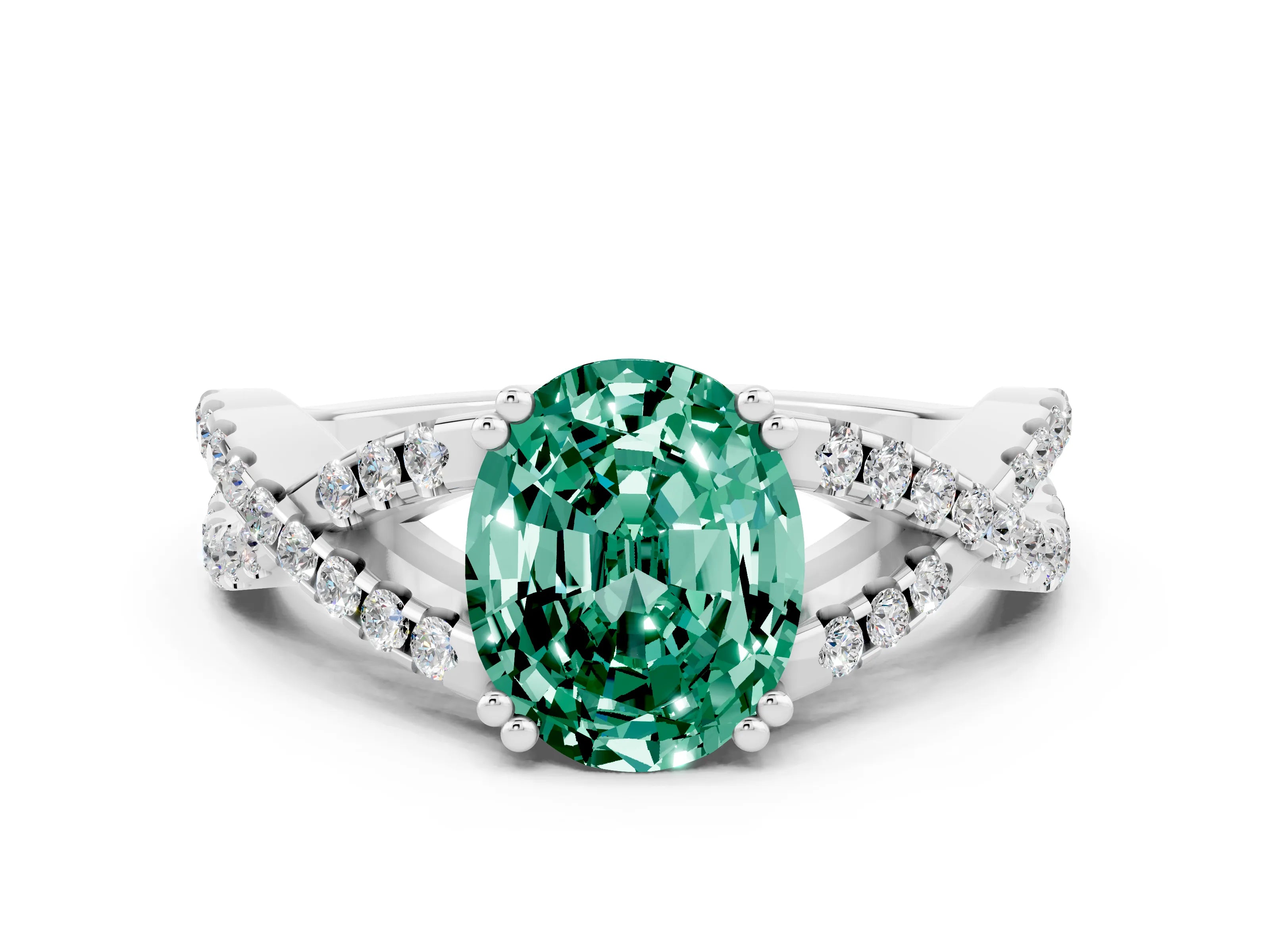 White gold Oval Cut Green Sapphire Solitaire Ring with Four-Prong Setting and Twisted Pavé Band