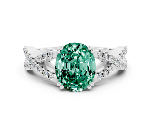White gold Oval Cut Green Sapphire Solitaire Ring with Four-Prong Setting and Twisted Pavé Band