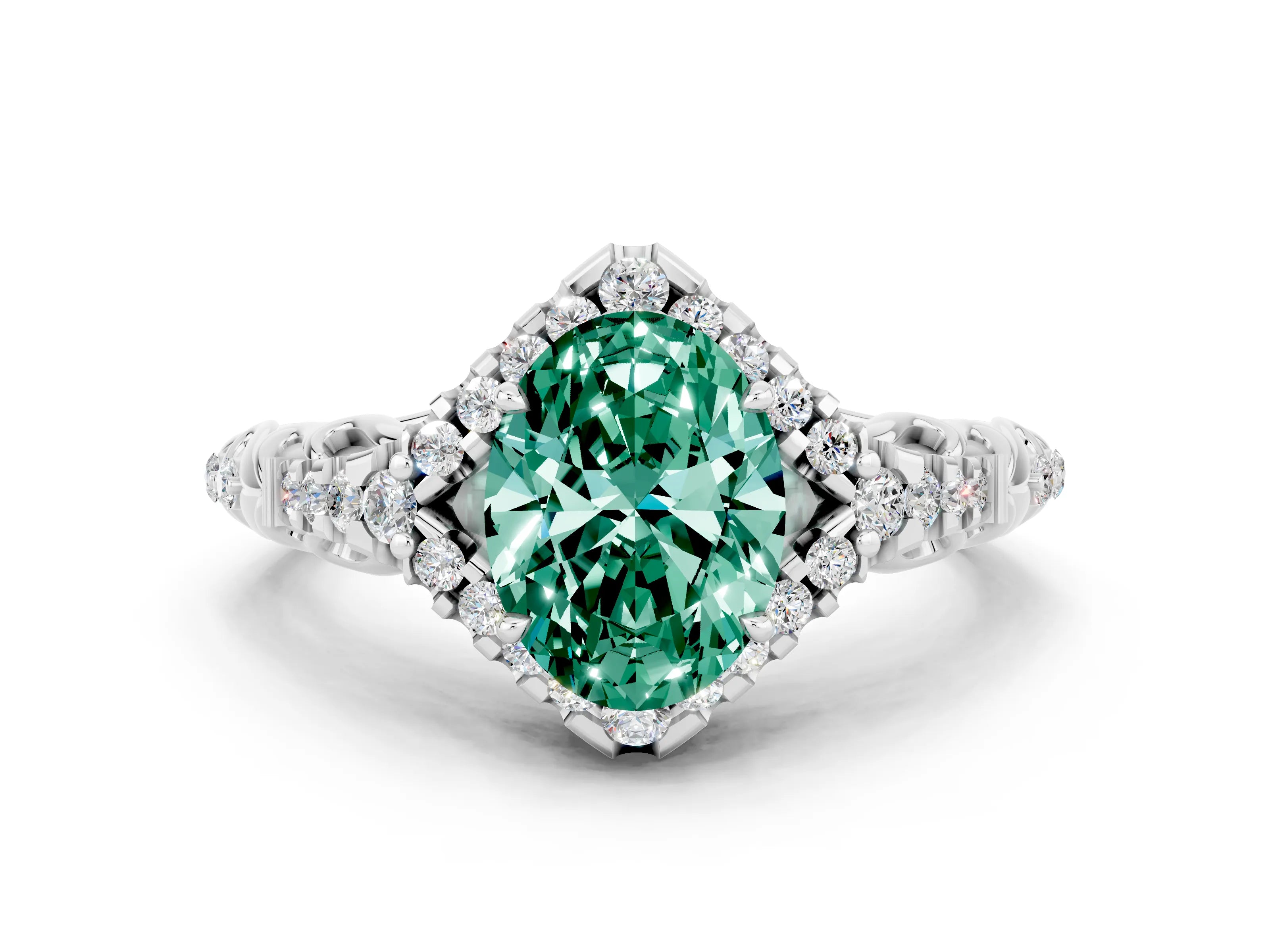 White gold Oval Cut Green Sapphire Solitaire Ring with Hidden Halo and Pavé Band_12