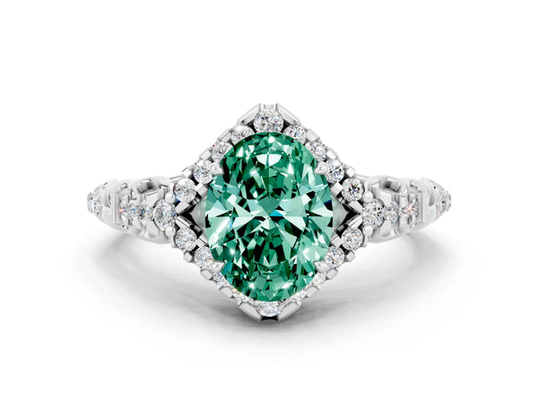 Platinum Oval Cut Green Sapphire Solitaire Ring with Hidden Halo and Pavé Band
