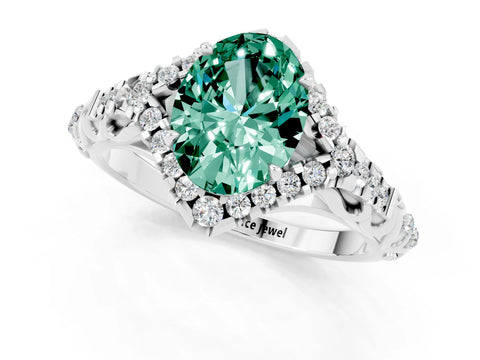 White gold Oval Cut Green Sapphire Solitaire Ring with Hidden Halo and Pavé Band_13