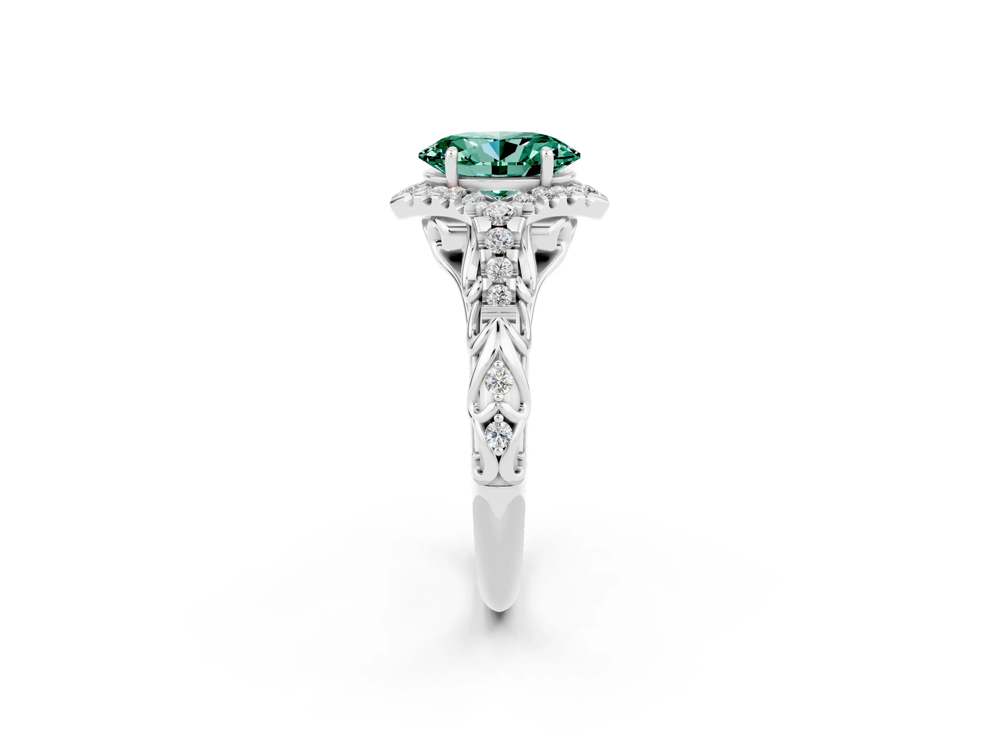 White gold Oval Cut Green Sapphire Solitaire Ring with Hidden Halo and Pavé Band_14