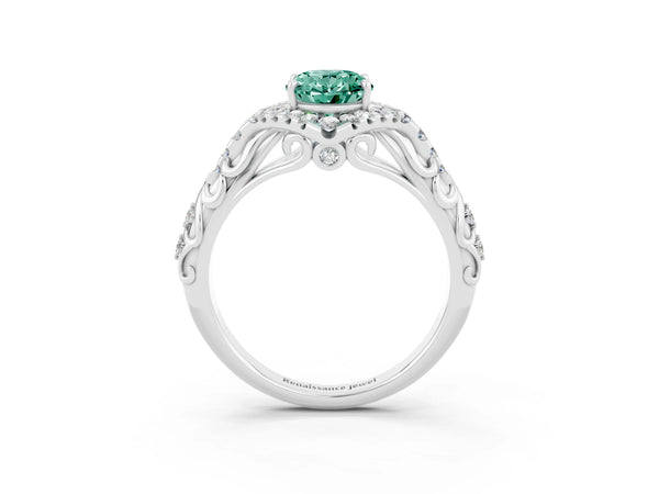 Platinum Oval Cut Green Sapphire Solitaire Ring with Hidden Halo and Pavé Band