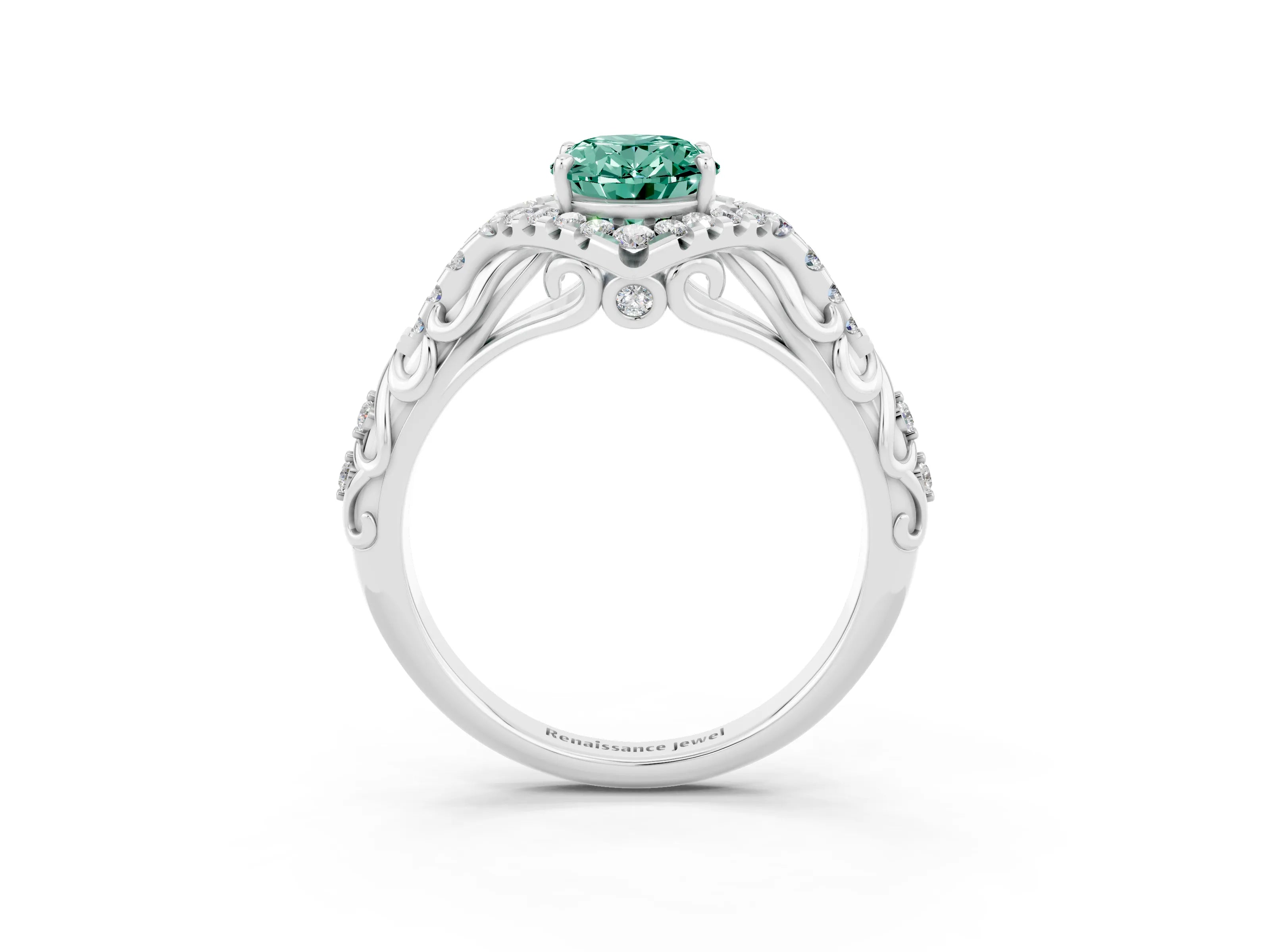White gold Oval Cut Green Sapphire Solitaire Ring with Hidden Halo and Pavé Band_15