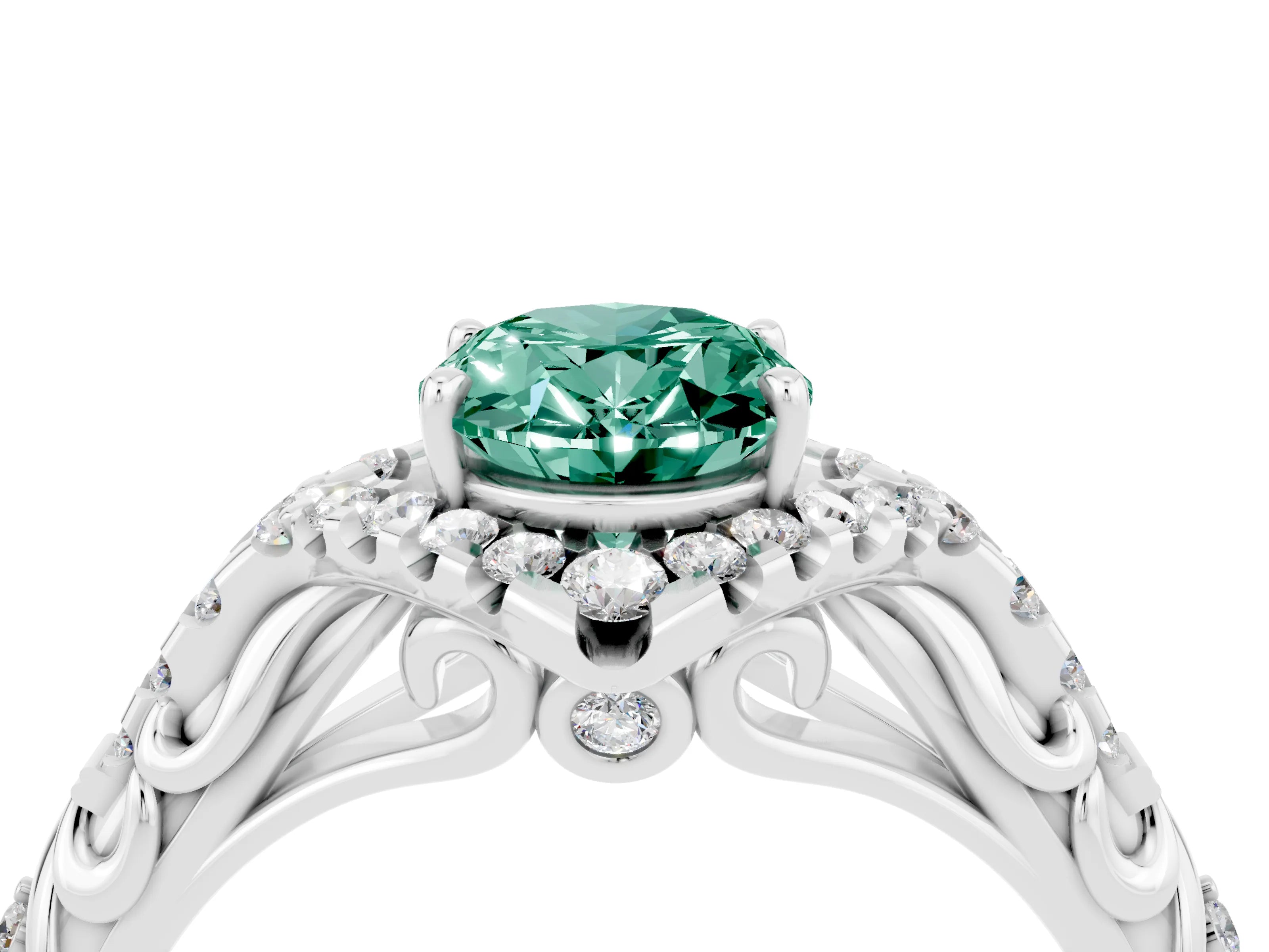 White gold Oval Cut Green Sapphire Solitaire Ring with Hidden Halo and Pavé Band_16