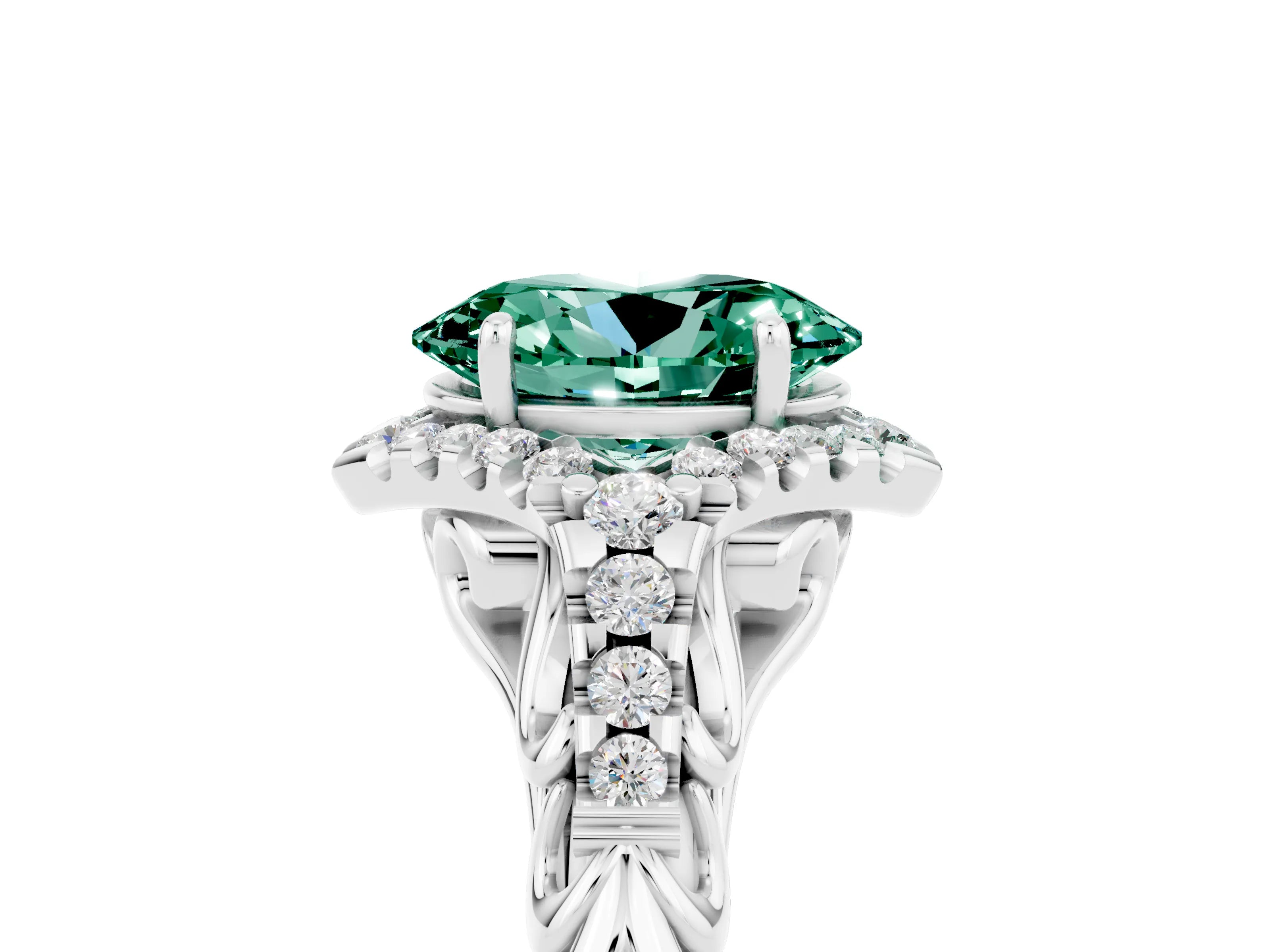 White gold Oval Cut Green Sapphire Solitaire Ring with Hidden Halo and Pavé Band_17