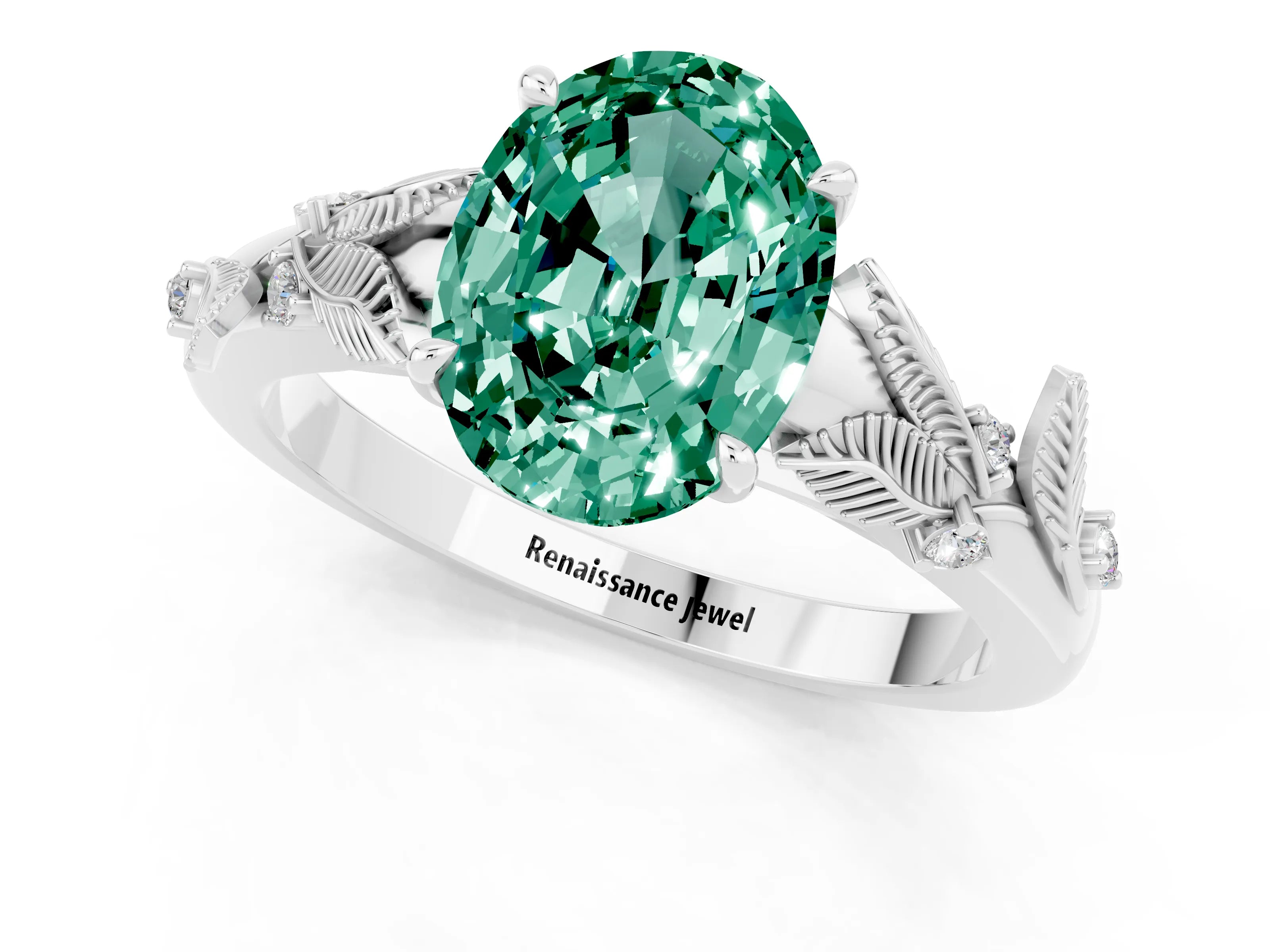 White gold Oval Cut Green Sapphire Solitaire Ring with Leaf Motif Band and Four-Prong Setting_13