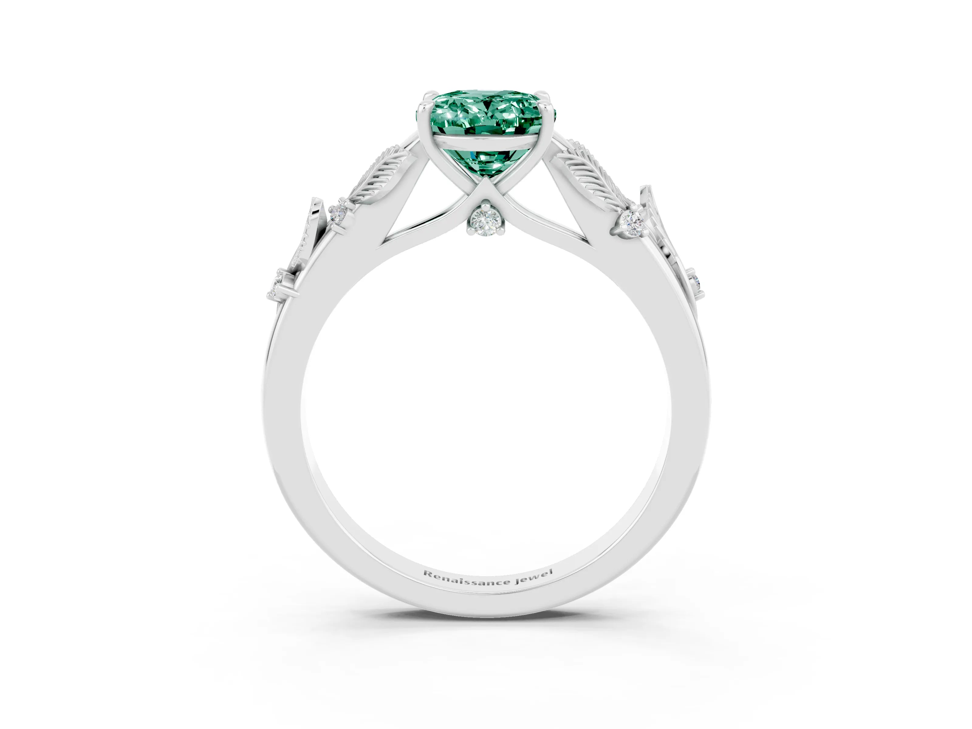White gold Oval Cut Green Sapphire Solitaire Ring with Leaf Motif Band and Four-Prong Setting_15
