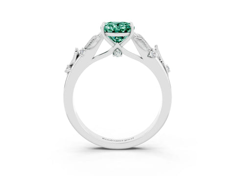 White gold Oval Cut Green Sapphire Solitaire Ring with Leaf Motif Band and Four-Prong Setting_15