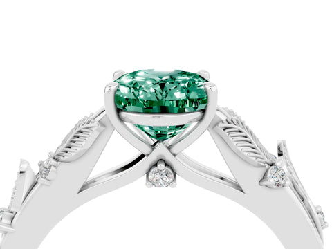 White gold Oval Cut Green Sapphire Solitaire Ring with Leaf Motif Band and Four-Prong Setting_16