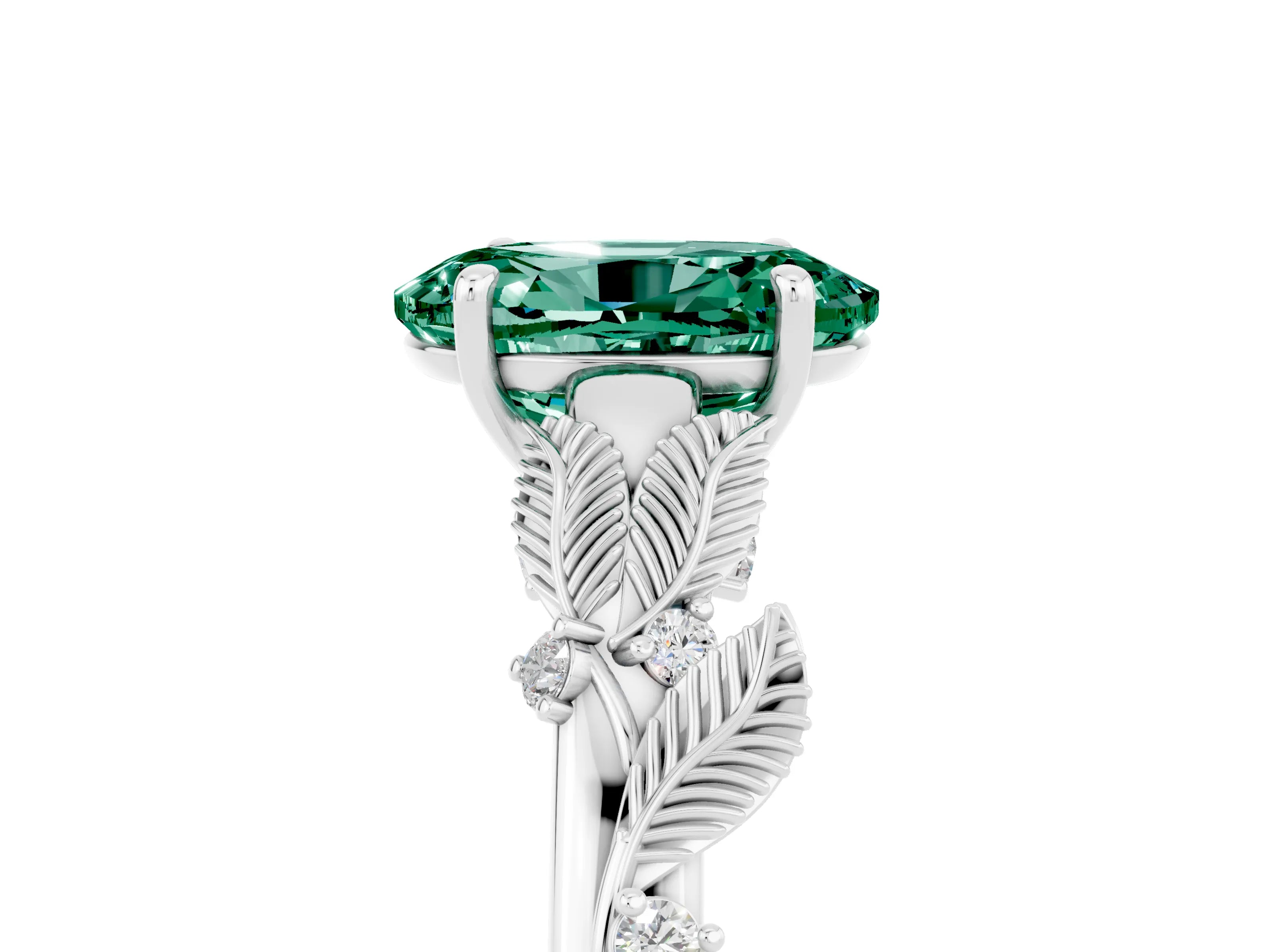 White gold Oval Cut Green Sapphire Solitaire Ring with Leaf Motif Band and Four-Prong Setting_17