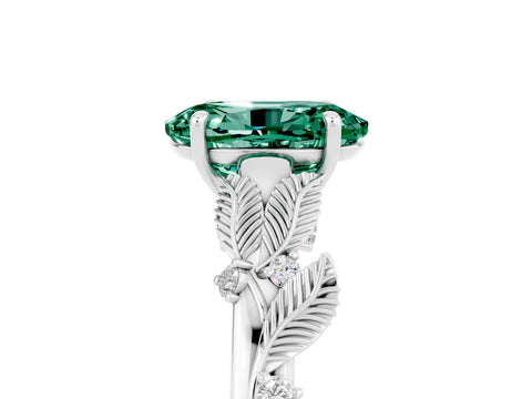 White gold Oval Cut Green Sapphire Solitaire Ring with Leaf Motif Band and Four-Prong Setting_17