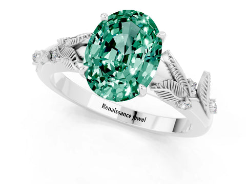 White gold Oval Cut Green Sapphire Solitaire Ring with Leaf Motif Band and Four-Prong Setting_1