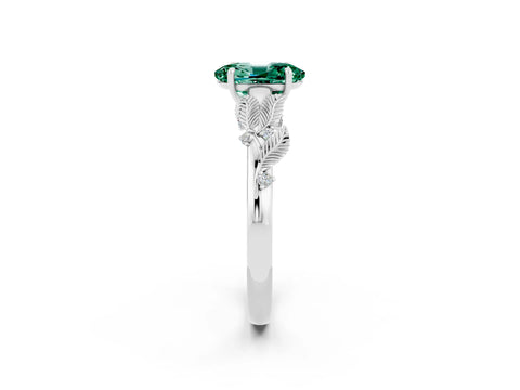 White gold Oval Cut Green Sapphire Solitaire Ring with Leaf Motif Band and Four-Prong Setting_2
