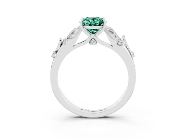 Silver Oval Cut Green Sapphire Solitaire Ring with Leaf Motif Band and Four-Prong Setting