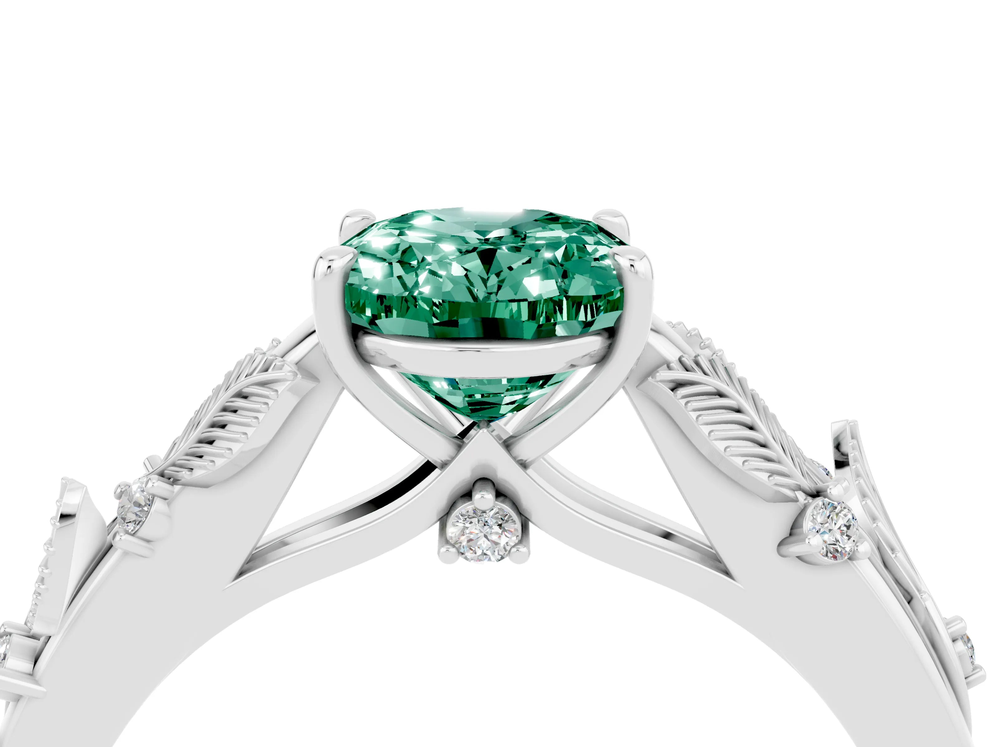 White gold Oval Cut Green Sapphire Solitaire Ring with Leaf Motif Band and Four-Prong Setting_4