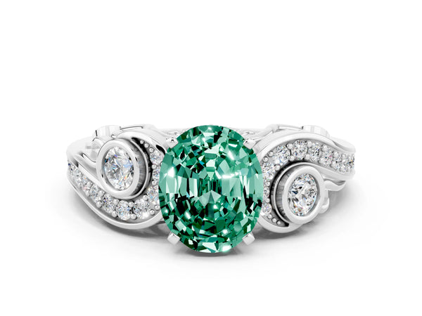 Silver Oval Cut Green Sapphire Solitaire Ring with Milgrain Pavé Band and Four-Prong Setting