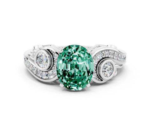 White gold Oval Cut Green Sapphire Solitaire Ring with Milgrain Pavé Band and Four-Prong Setting_12