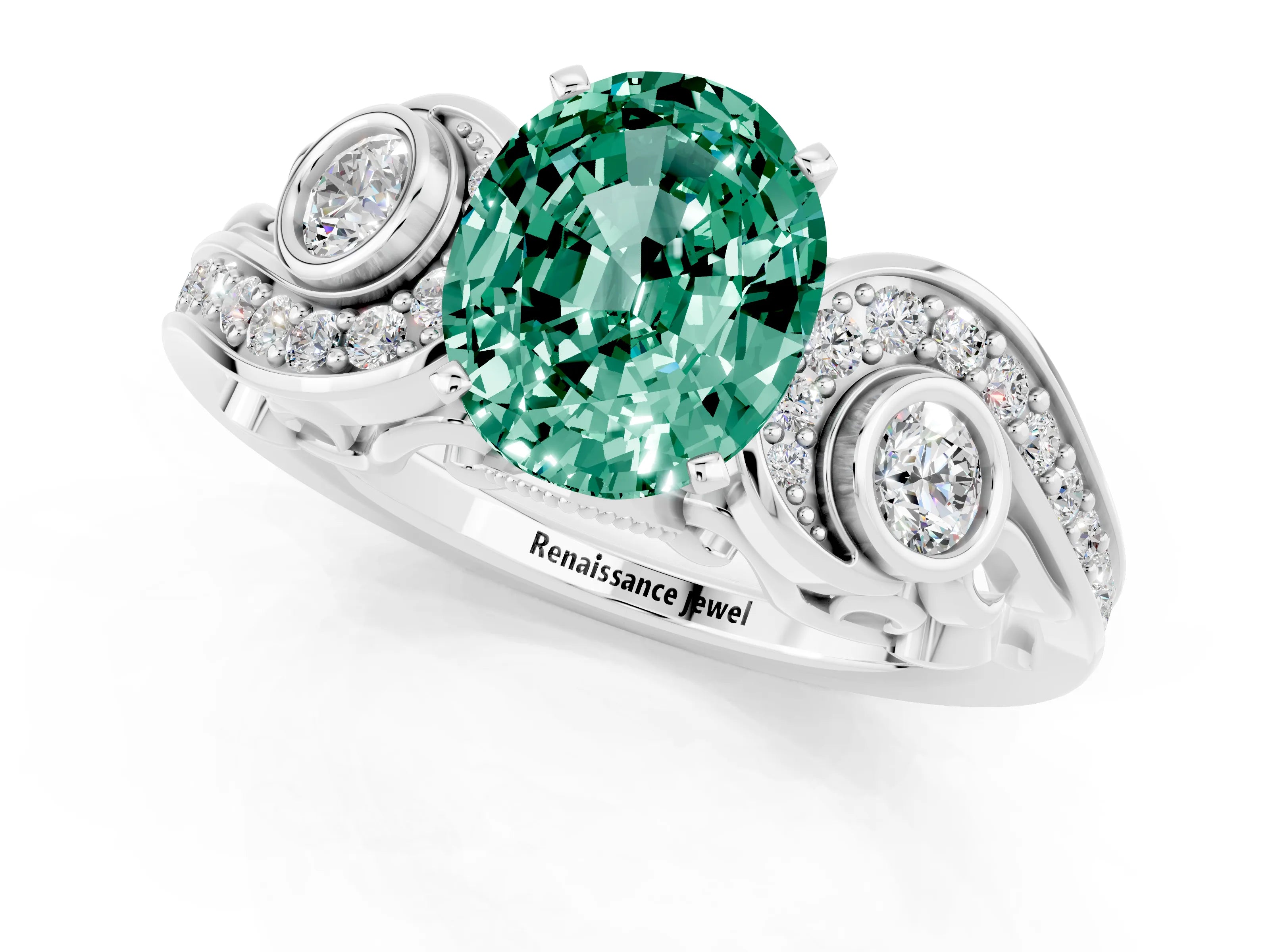 White gold Oval Cut Green Sapphire Solitaire Ring with Milgrain Pavé Band and Four-Prong Setting_13