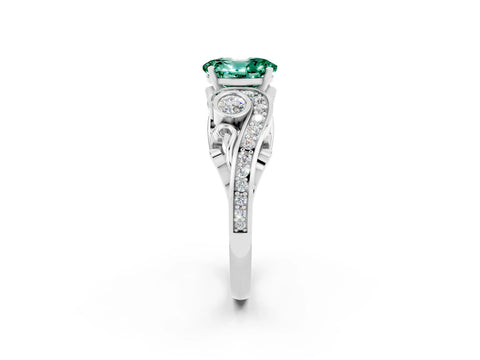 White gold Oval Cut Green Sapphire Solitaire Ring with Milgrain Pavé Band and Four-Prong Setting_14
