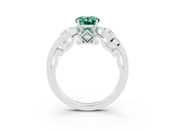 Platinum Oval Cut Green Sapphire Solitaire Ring with Milgrain Pavé Band and Four-Prong Setting