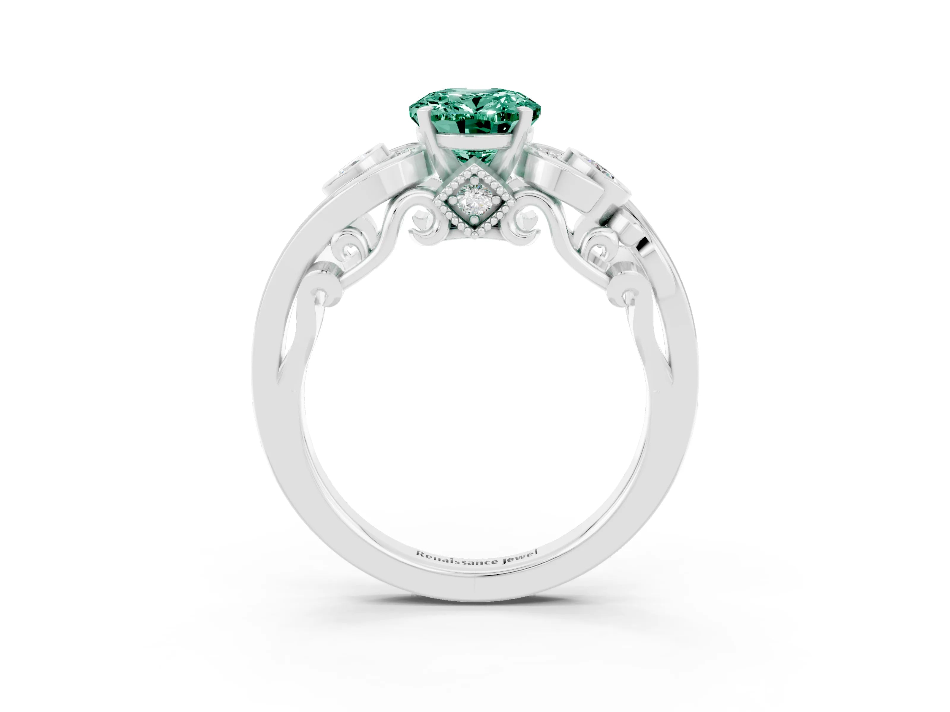 White gold Oval Cut Green Sapphire Solitaire Ring with Milgrain Pavé Band and Four-Prong Setting_15
