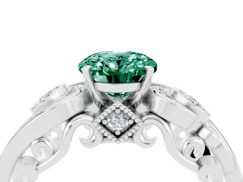 White gold Oval Cut Green Sapphire Solitaire Ring with Milgrain Pavé Band and Four-Prong Setting_16