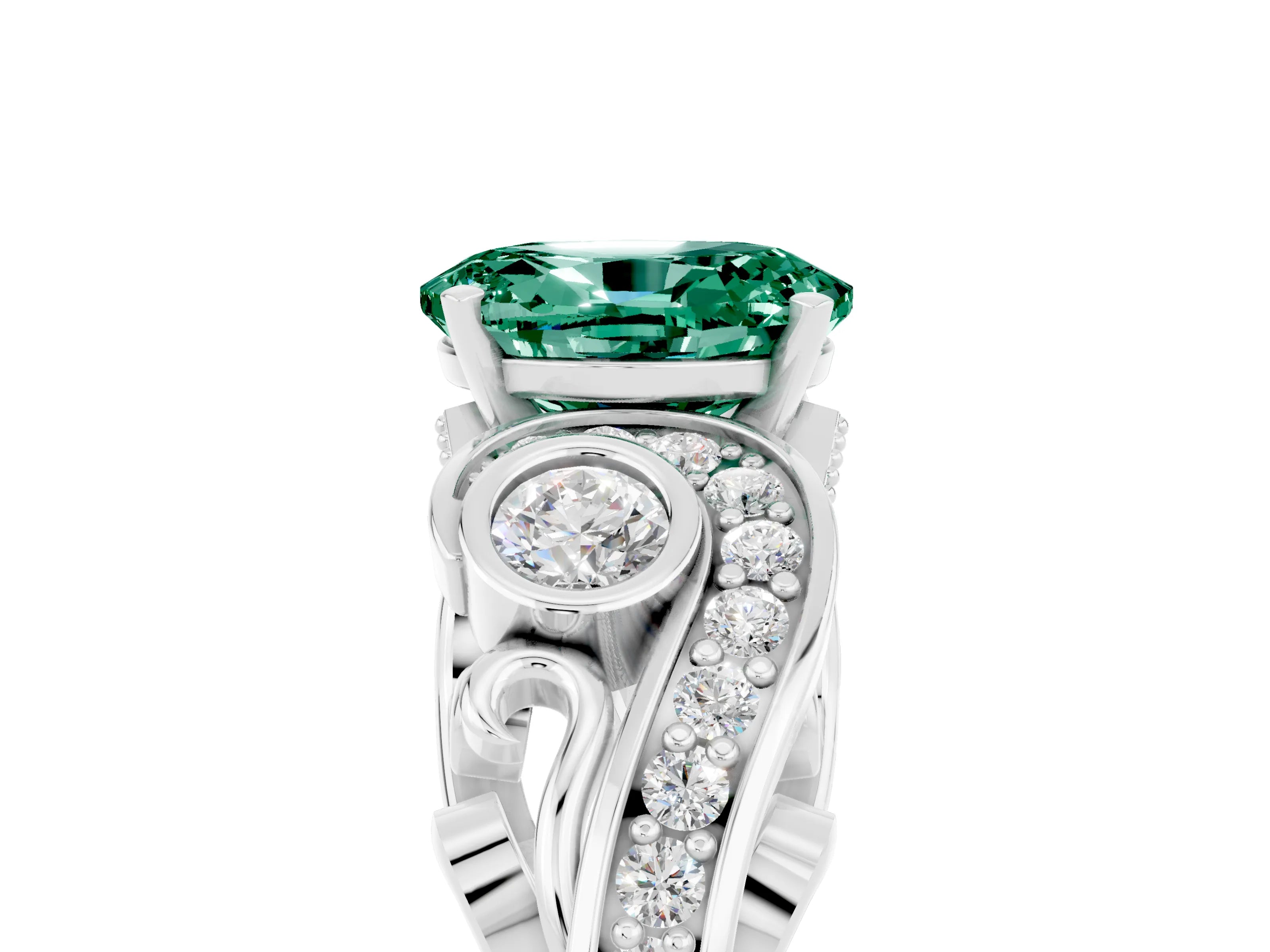 White gold Oval Cut Green Sapphire Solitaire Ring with Milgrain Pavé Band and Four-Prong Setting_17